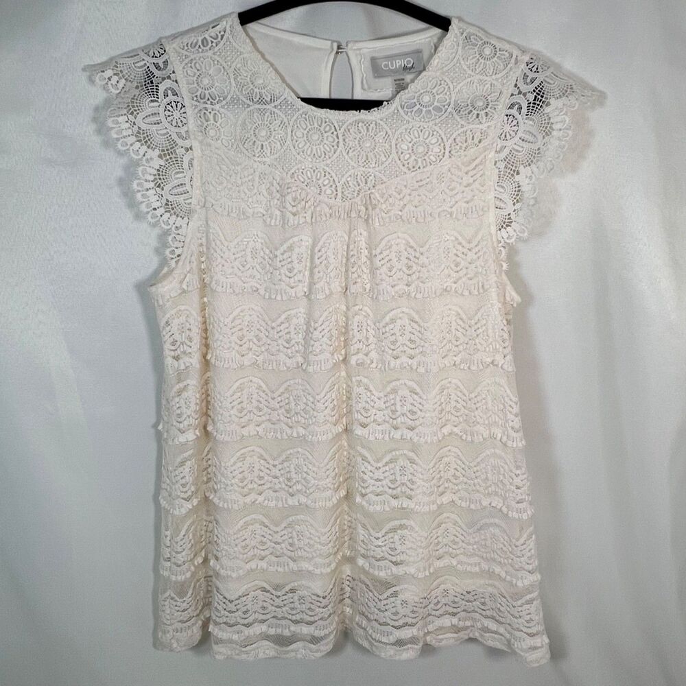 Cupio Blush Ivory Lace Overlay Boho Blouse - Scalloped Flutter Sleeve - Size XL